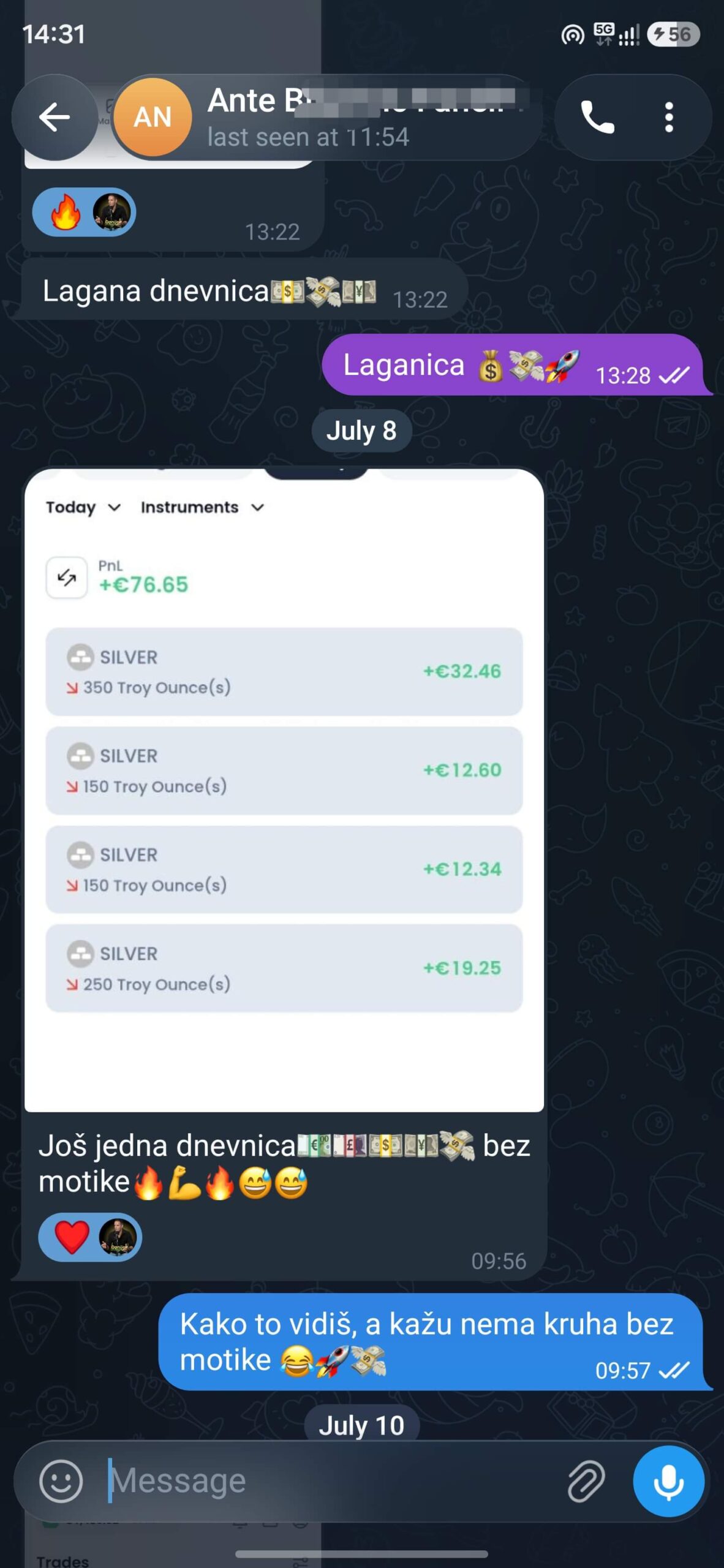 Poruka člana Telegram grupe o rezultatima trgovanja 3