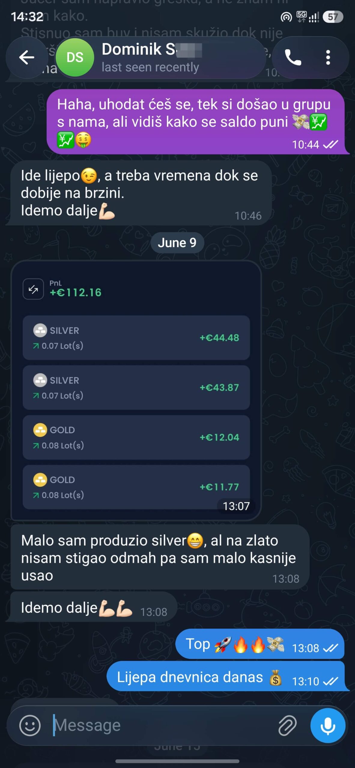 Poruka člana Telegram grupe o rezultatima trgovanja 2