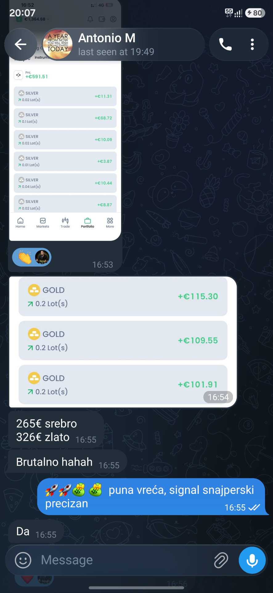 Poruka člana Telegram grupe o rezultatima trgovanja 8