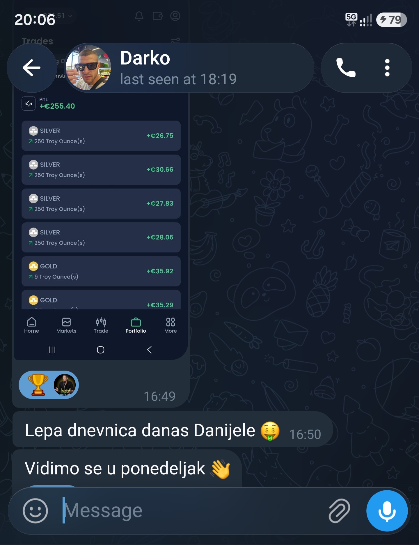 Poruka člana Telegram grupe o rezultatima trgovanja 9